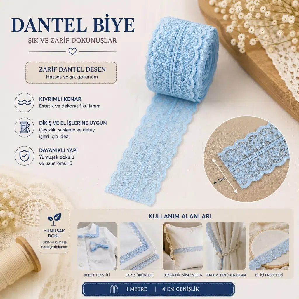 Dantel Şerit Kurdele 4 cm 25 Metre Mavi
