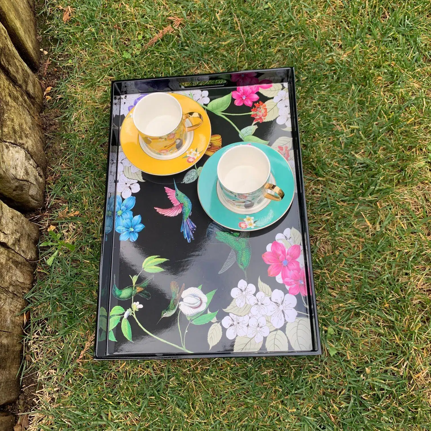 Dikdörtgen Kuşlu Siyah Melamin Tepsi