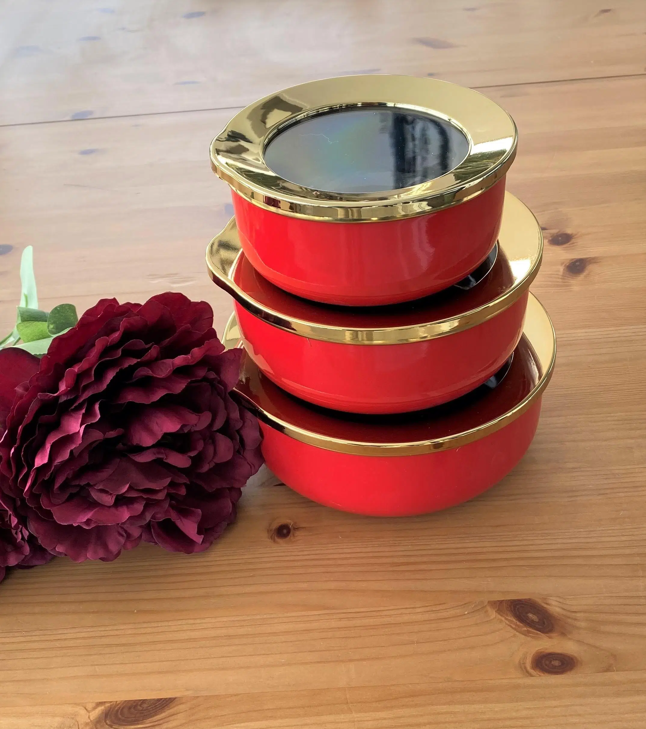 Emaye 3Lü Castrolli Kırmızı Saklama Seti