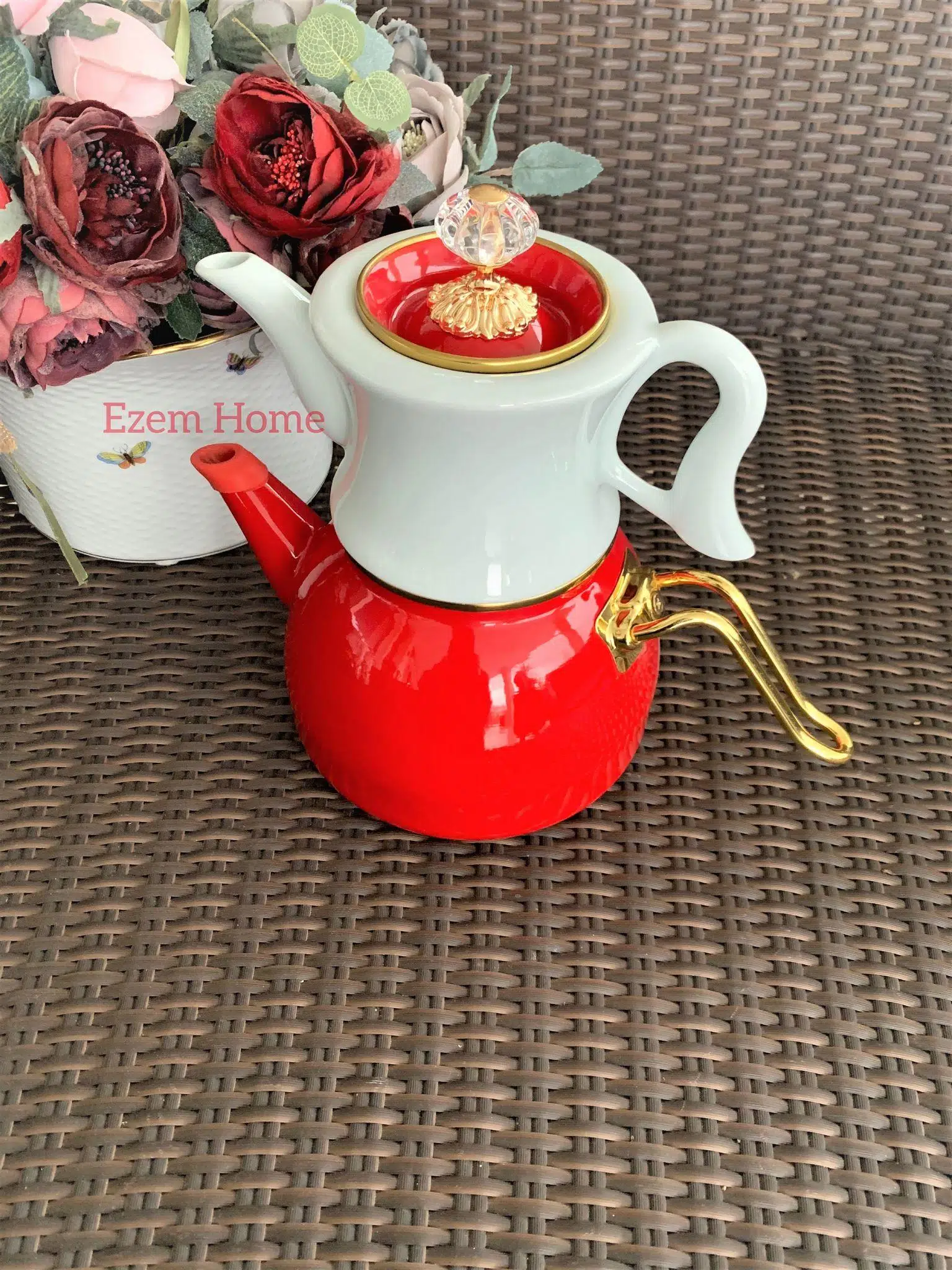 Kırmızı Emaye Porselen Çaydanlık