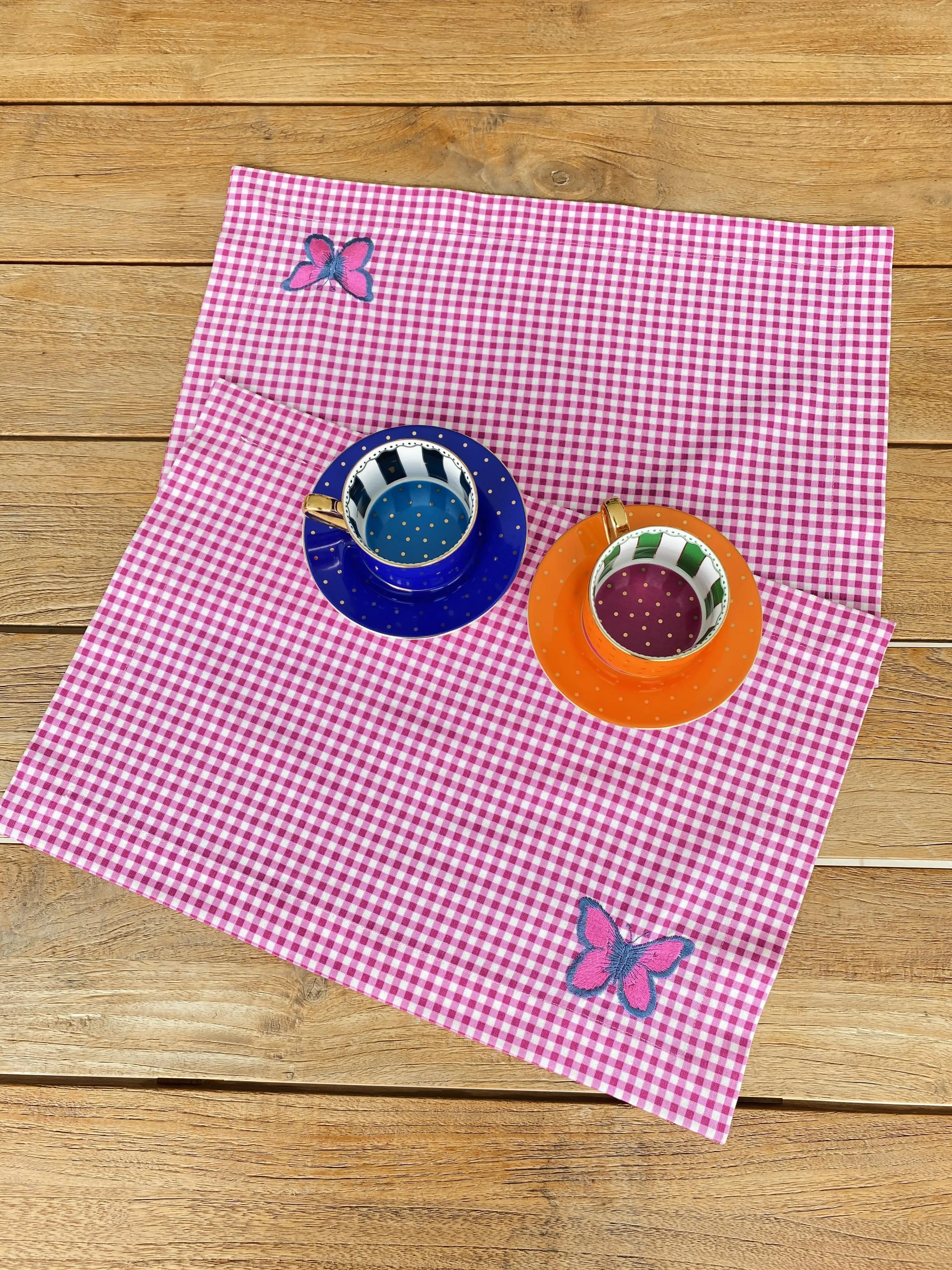 Pembe Pötikare Duck Kumaş Kelebek İşlemeli 2'Li Amerikan Servis