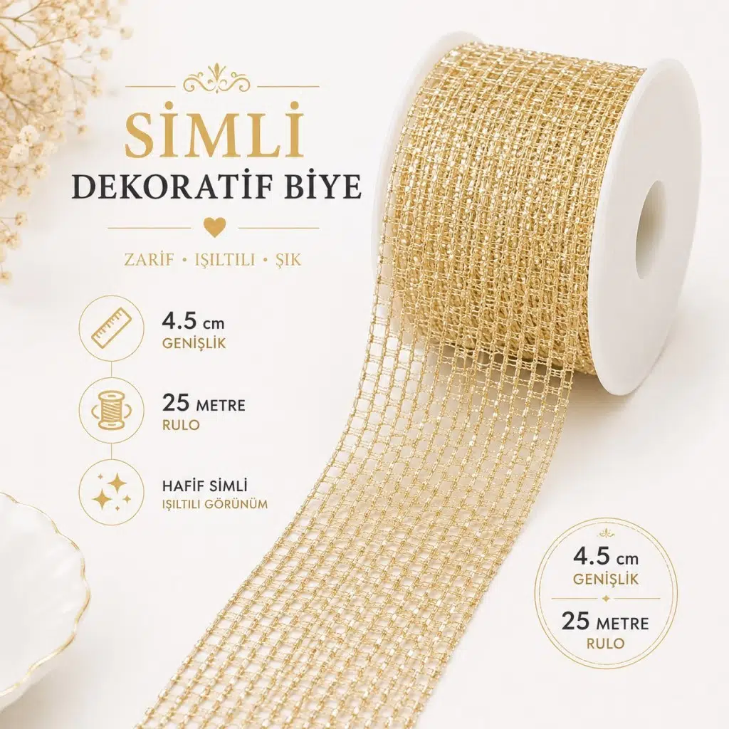 Sarı Simli Dekoratif Kurdele 4.5 cm 25 metre