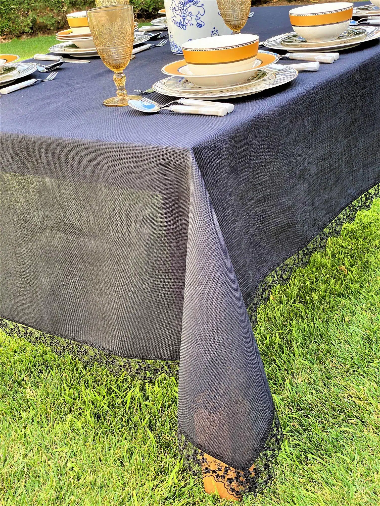 Siyah Dertsiz Keten Dikdörtgen Masa Örtüsü 240&150 cm