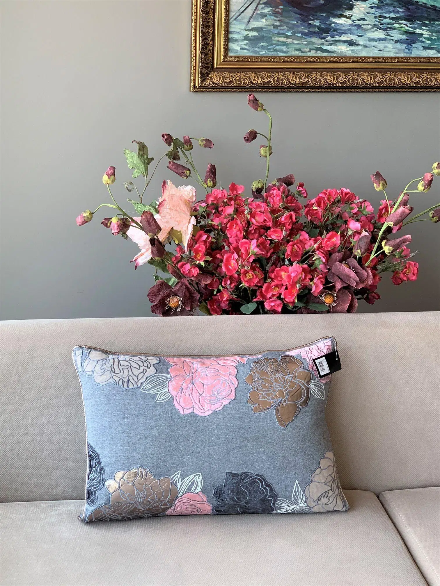 VZ 020 Gri Pembe Çiçekli Yastık